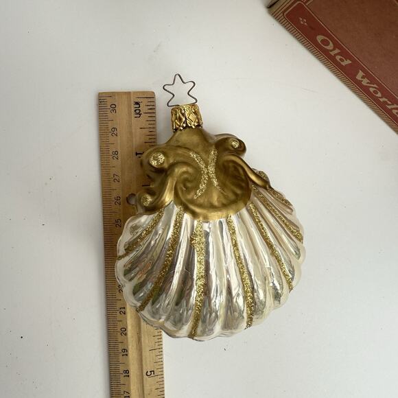 Gold Glitter Glass Clam SeaShell Christmas Ornament Old World Christmas 4" VTG - Picture 3 of 8